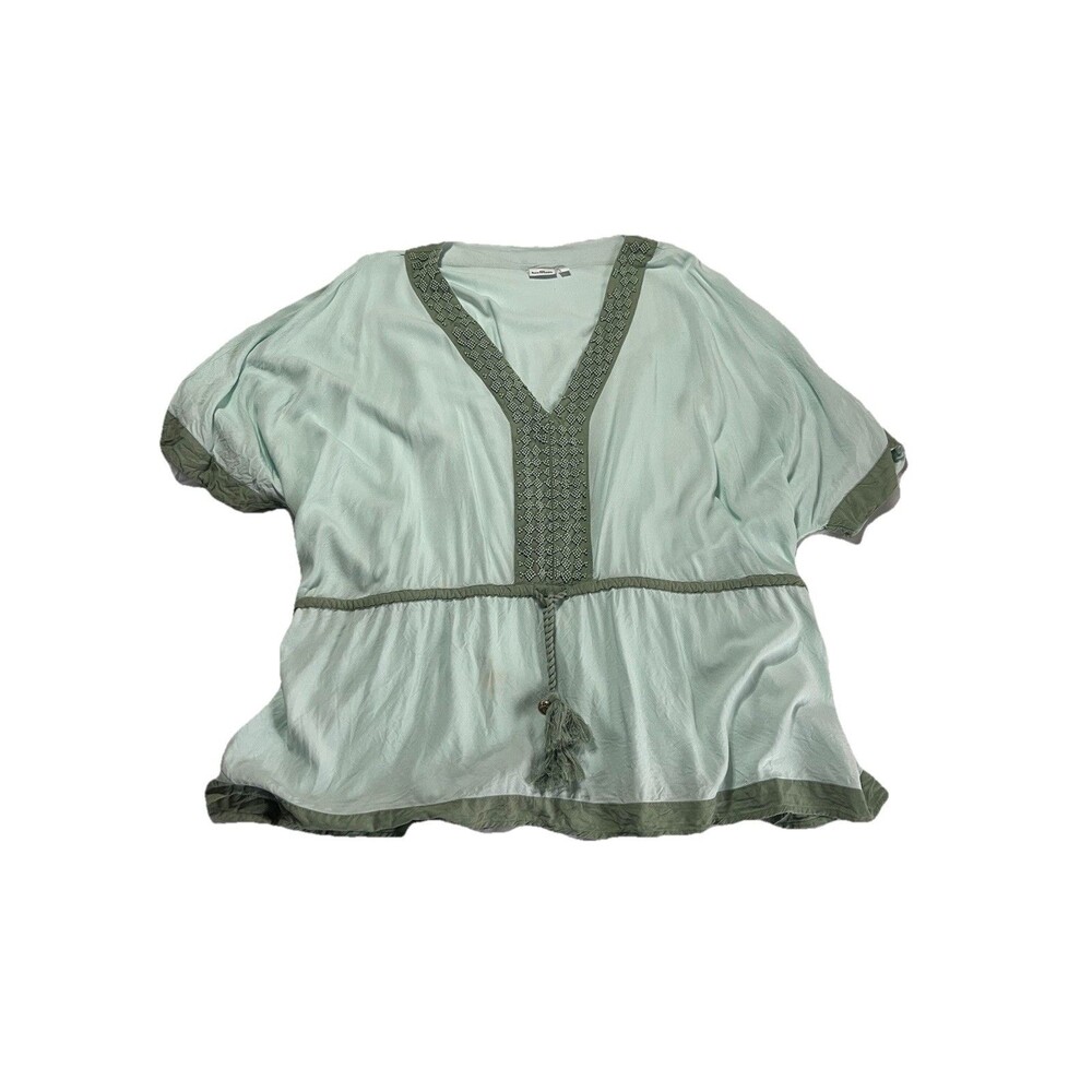 Hermoza Jenny Cinched Beaded V-Neck Tunic Swim Cover Up Size XS Green